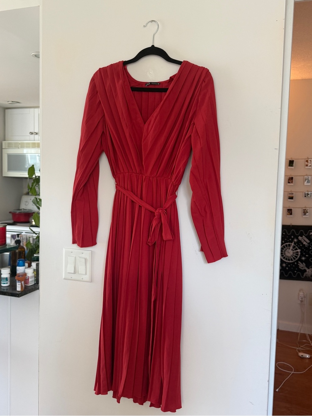 Zara Orange Long Sleeve Pleated Midi Dress